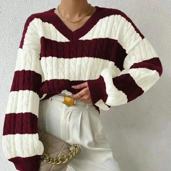 Red Violet Casual Women's Two Tone Cable Knit Drop Shoulder Sweater - Picture 3 of 6